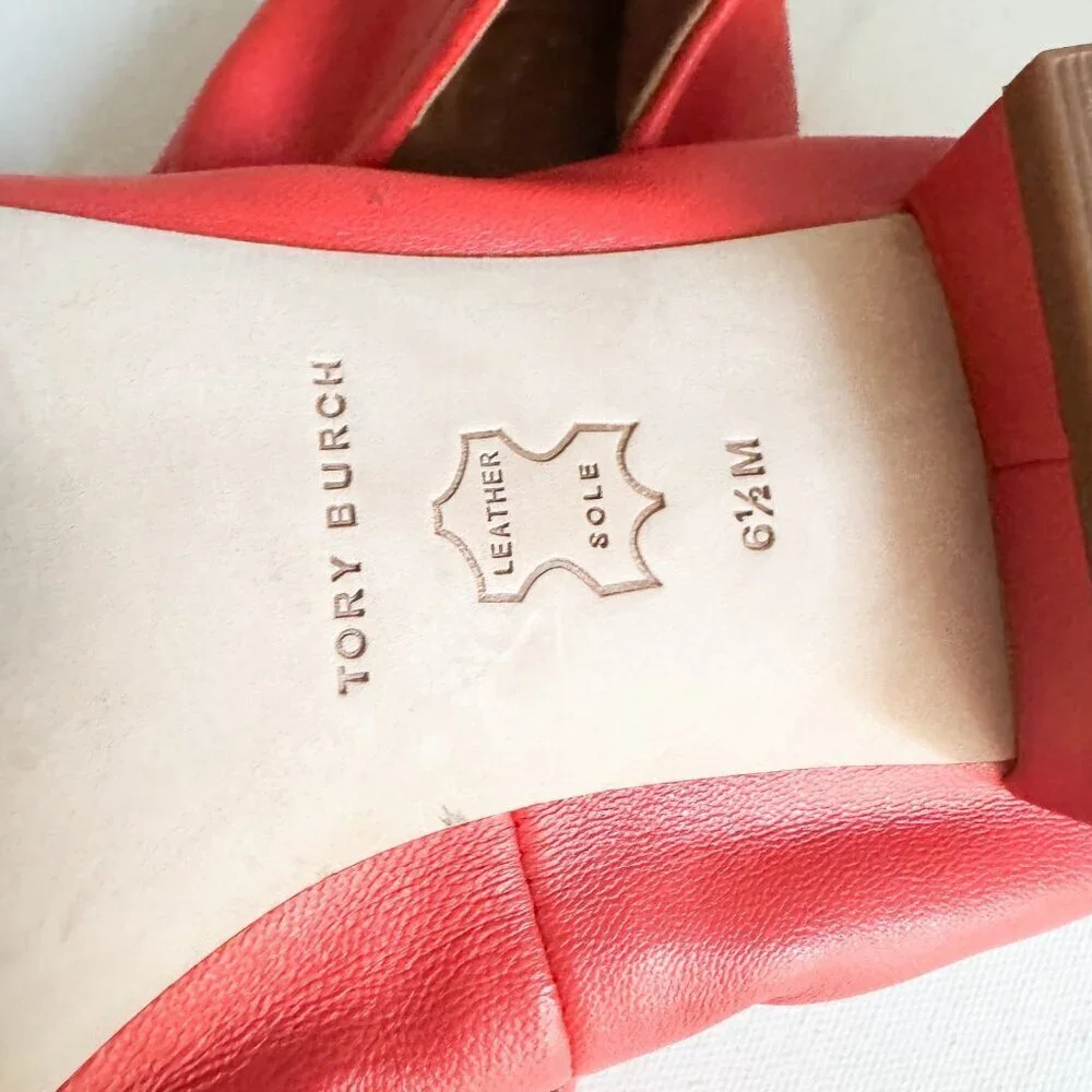 Tory Burch Leather Coral Orange Scrunch Back Low Black Heel Flats 6.5